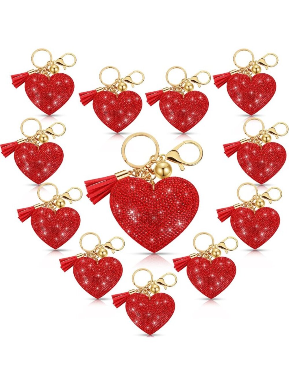 12 Valentine's Day Keychains - Rhinestone Heart Shape, Glitter Bling Tassel